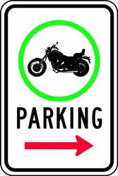 Traffic Sign: (Motorcycle Graphic) Parking (Right Arrow)