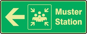 Glow-In-The-Dark Safety Sign: Muster Station (Left Arrow)