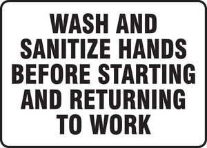 Safety Signs: Wash And Sanitize Hands Before Starting And Returning To Work