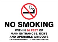 Smoking Control Sign: No Smoking Within 20 Feet Of Entrances... (California)