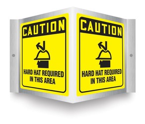 Brushed Aluminum 3D Projection™ Signs: Caution Hard Hat Required In This Area