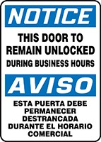 Bilingual OSHA Notice Safety Sign: This Door To Remain Unlocked