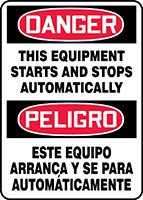 Bilingual OSHA Danger Safety Sign: This Equipment Starts And Stops Automatically