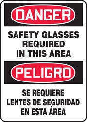 Bilingual OSHA Danger Safety Sign: Safety Glasses Required In This Area