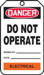OSHA Danger Safety Tag: Do Not Operate - Electrical (Color-Coded Department)