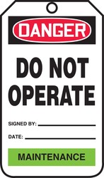 OSHA Danger Safety Tag: Do Not Operate - Maintenance (Color-Coded Department)