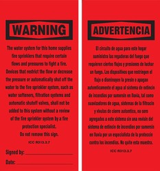 OSHA Warning Safety Tag: Do Not Reduce Water Flow Pressure (California R313.3.7)