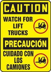 Bilingual OSHA Caution Safety Sign: Watch For Lift Trucks