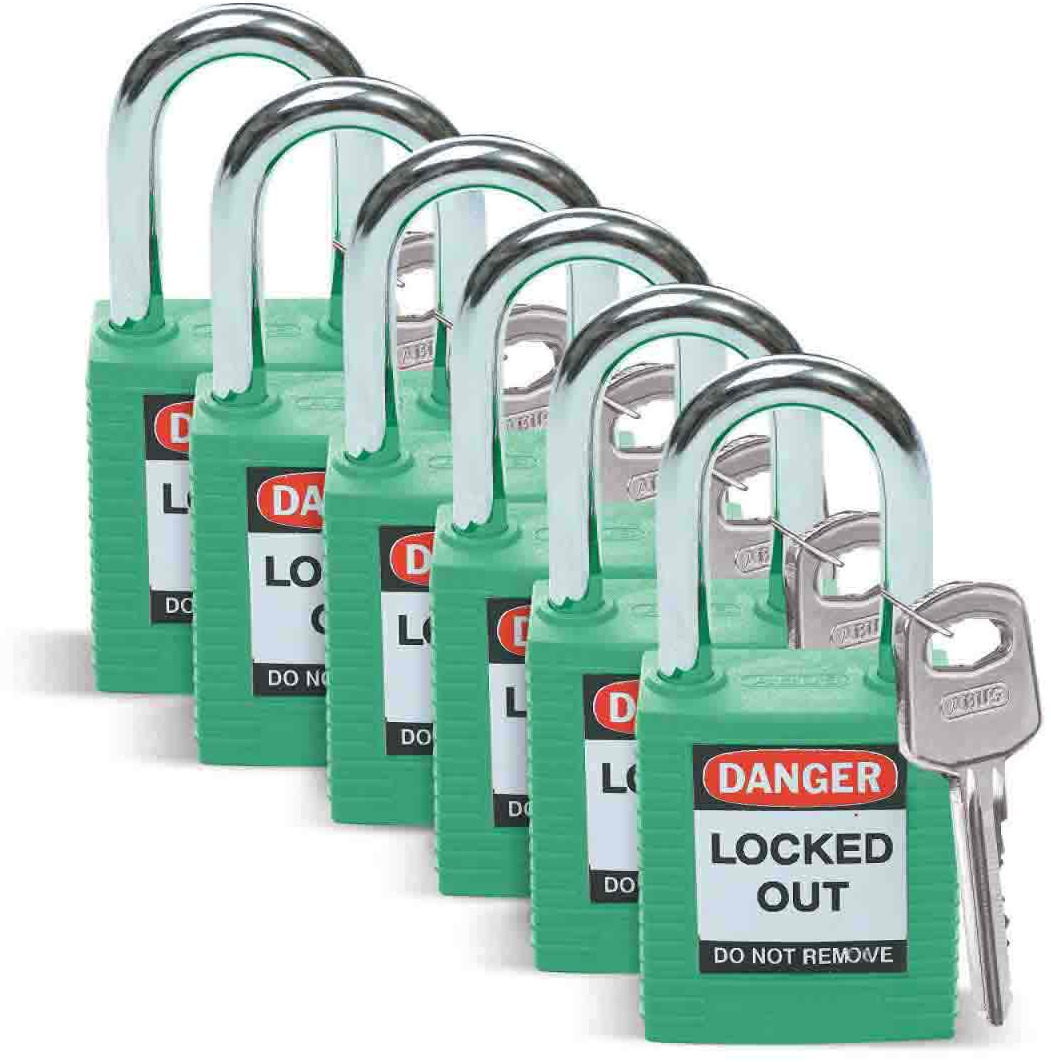 Reinforced nylon padlocks w/ 1 1/2" shackle, keyed-differently