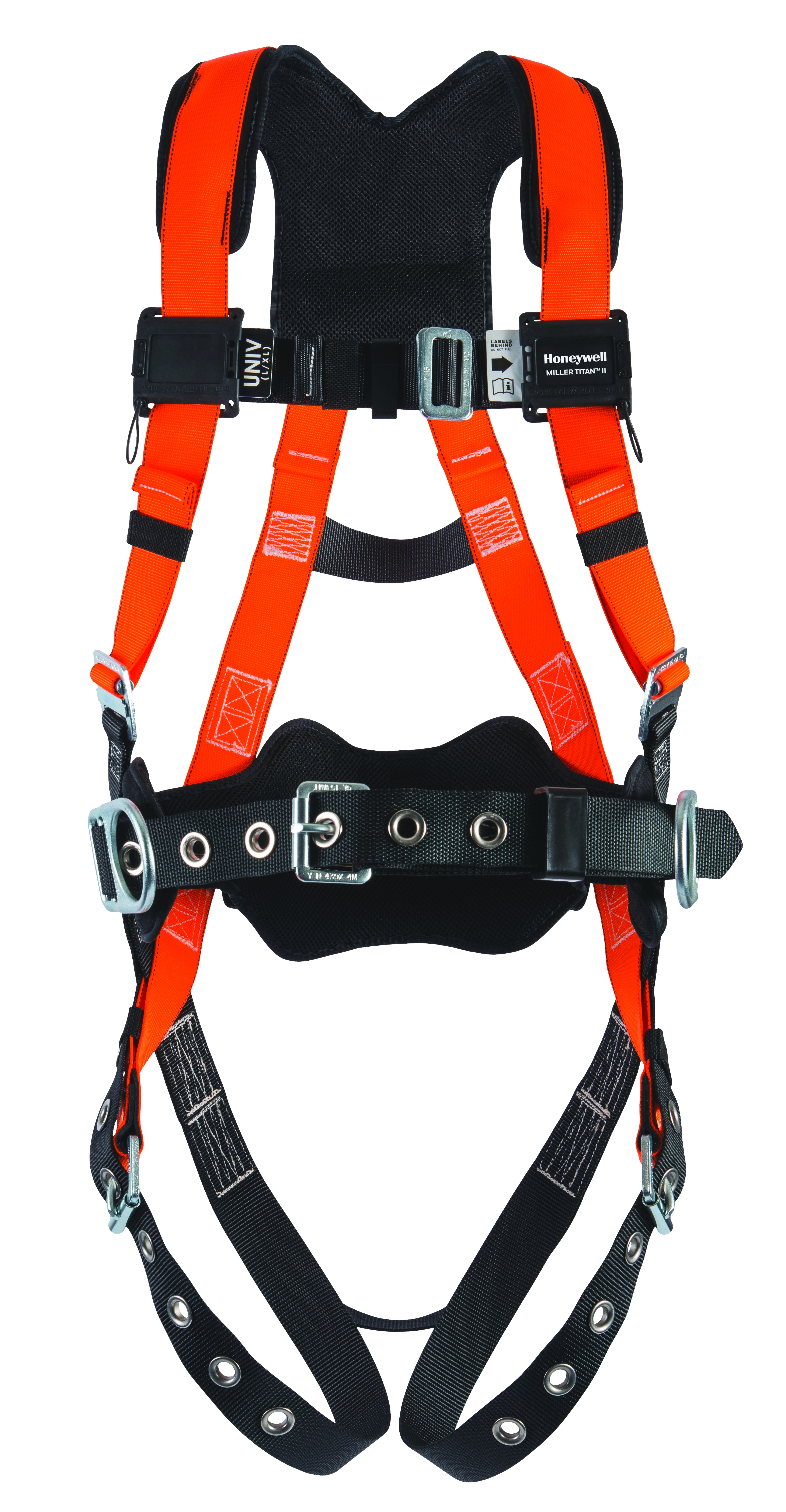 Contractor harness w/ tongue-buckle legs, removable tool belt & back pad
